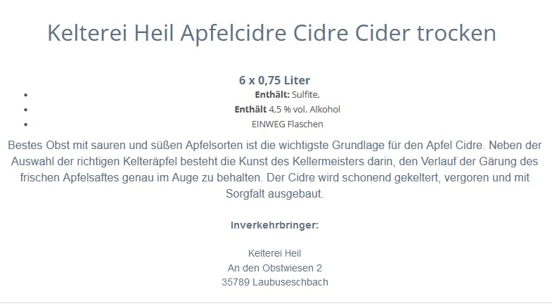Kelterei Heil Apfelcidre Cidre Cider trocken EINWEG 6 x 0,75 Liter