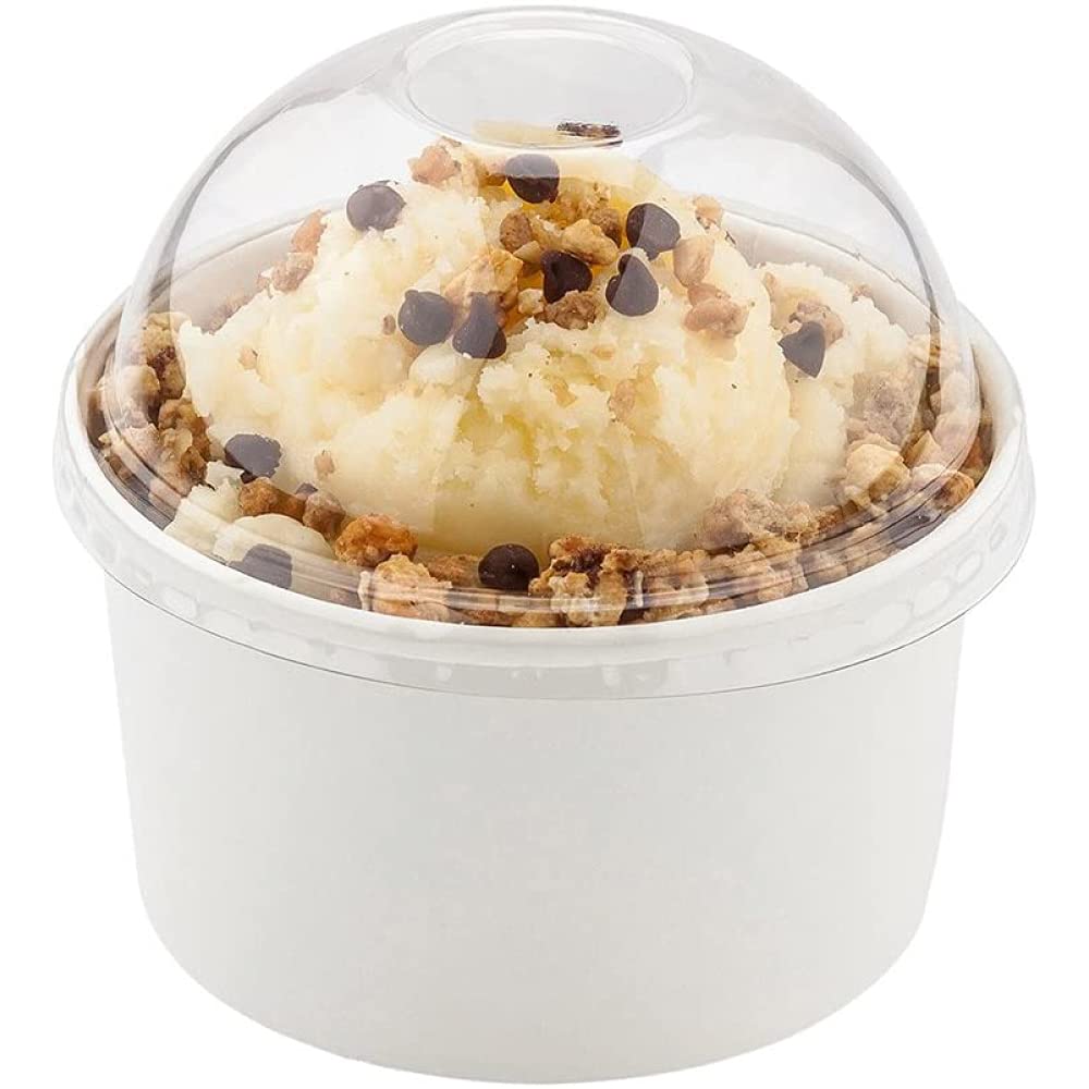 SNH Packing Paper Ice Cream Cups 8 Oz With Lid & Spoon Disposable Dessert Bowls For Hot Or Cold Food, Party Supplies Treat Cups For Sundae, Frozen Yogurt, Soup, Brown - 25 Pieces.