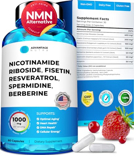 AdvantageNutra Liposomal Nicotinamide Riboside NR Supplement Resveratrol NAD : Nicotinamide 500mg w/Fisetin, Resveratrol Powder Spermidine Berberine NAD Resveratrol Supplement 500 mg - 60 caps 1 Pack