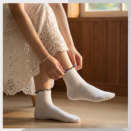 Image of 8 Pairs Women Ruffle Striped Frilly Socks, Cute Checkered Ankle Sock for Women Cotton Knit Casual Crew Socks Size 5-9