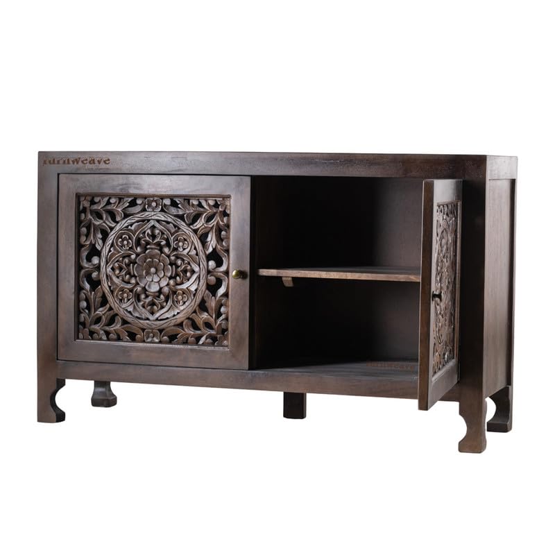 Image of Yepa Wooden Sideboard Cabinet for Living Room | Handcrafted Solid Wood Storage Cabinet with Carved Doors | Crockery Cabinet for Home | Crockery Furniture for Home (Walnut)