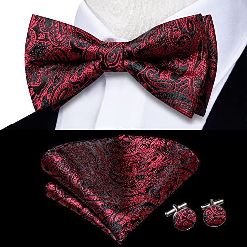 Image of Hi-Tie Pre-Tied Bowties for Men Silk Bow Ties and Pocket Square Cufflinks Set Mens Wedding Party Formal,Black Red Paisley