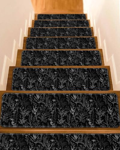 Stair Treads 8"x30"(15 pcs),Natural Wild Plant Botanical Leaves Indoor Stair