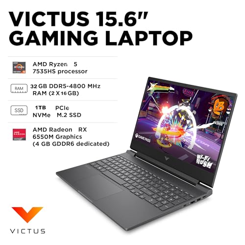 HP Victus 15 ゲーミングノートパソコン (15.6インチ FHD 144Hz IPS、AMD Ryzen 5 7535HS、32GB DDR5 RAM、1TB PCle SSD (Radeon RX 6550M 4GB Beat RTX3050)) バックライトKB、Wi-Fi 6、ウェブカメラ、イーサネット、Win 11 Home。