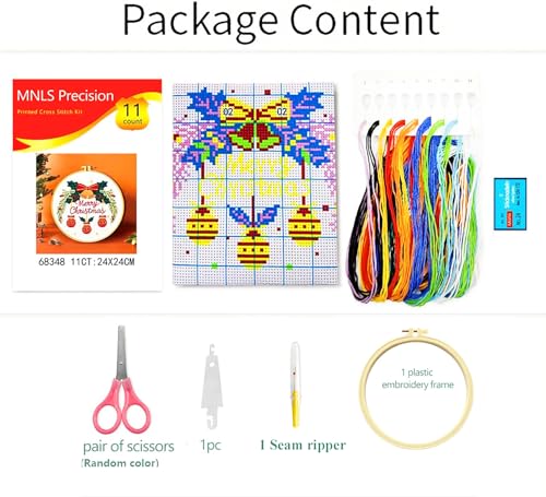 Image of Zhenqing Christmas Bells Cross Stitch Kit with Hoop - 11CT Pre-Printed 24x24cm Fabric & Complete Tools for Beginners (68348)