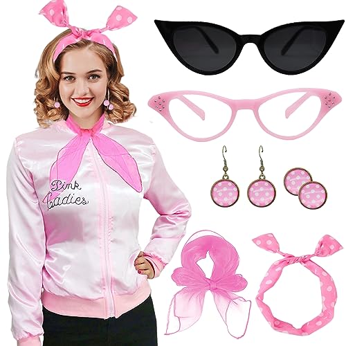 Beamely Pink Ladies Jacket Grease Outfits Pink Ladies Fancy Dress Grease Costume Pink Lady Jackets Grease Adults with 1950s Accessories Women-M - BigaMart Beamely Pink Ladies Jacket Grease Outfits Pink Ladies Fancy Dress Grease Costume Pink Lady Jackets Grease Adults with 1950s Accessories Women-M - BigaMart