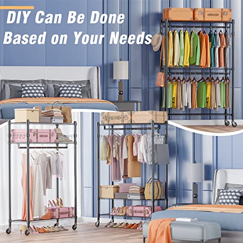 Homdox 3-Tier Garment Rack, Heavy Duty Clothing Wire Shelving, Rolling Free Standing Closet With Lockable Wheels, 1 Hanging Rod And 2 Pairs Side Hooks, Gray #TOP5