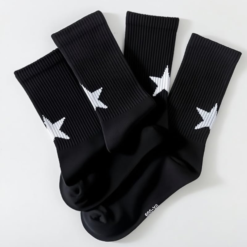 2 Pairs Men's And Women's Star Pattern Crew Socks, Breathable Blend, Mid-Calf Basketball Socks With Geometric Design