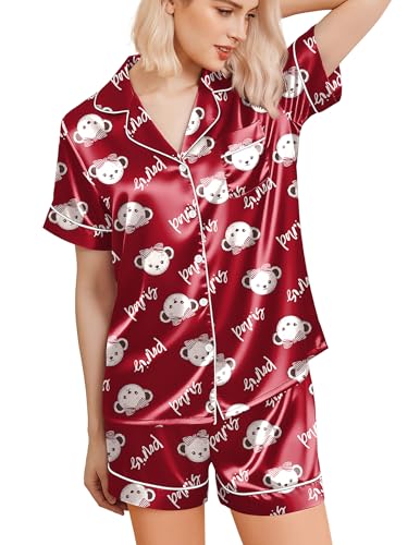 Image of Ekouaer Silk Pajamas for Women Funny Teddy Sleepwear Comfy Short Sleeve Button Down Loungewear Satin Pjs Shorts Set,Wine,L