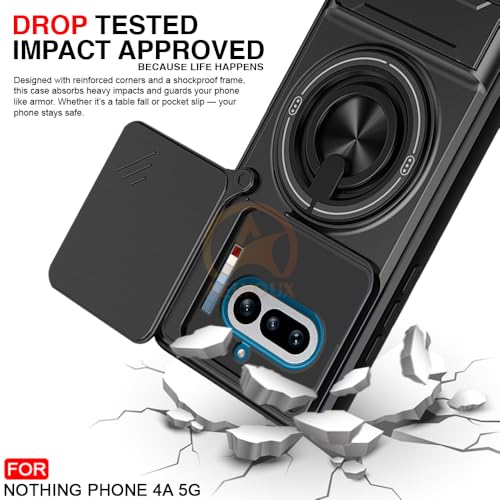 Image of Nothing Phone 4A 5G Back Cover | Armor Camera Slider 360 Degree Rotating Finger Ring Holder Case with Bracket Stand Back Case Cover (Compatible with MagSafe Accessories) (Black)