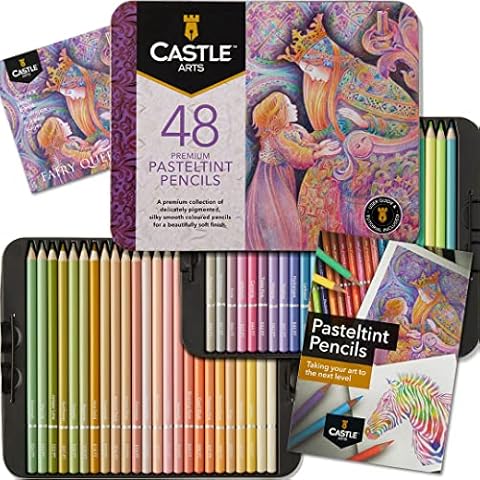 Castle Art Supplies 48 Pasteltint Coloured Pencils Set | Quality Colours in Softer, Sumptuous Tones | For Professional and Adult Artists | Protected and Organised in Presentation Tin Box Cover