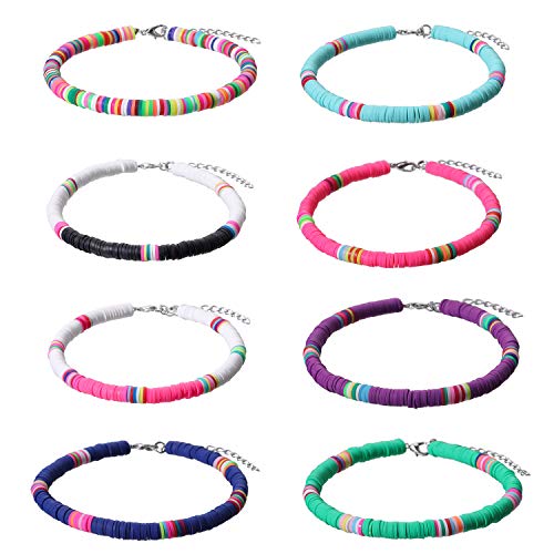 7-8 Pcs Boho Beads Multilayered Anklets Colorful Heishi Surfer Anklet Bracelets Handmade Bohemian Stackable Bead Anklets Stretch Multilayered Rainbow Foot Anklet Set Summer Beach Jewelry