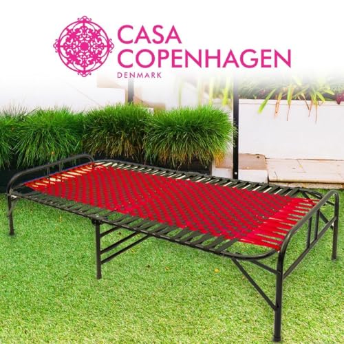 Image of Casa Copenhagen, Portable Single Folding Bed Heavy Duty Metal Cot Khat for Sleeping Bed Space Saving Design Sturdy Synthetic Niwar feet - Red & Charcoal Black
