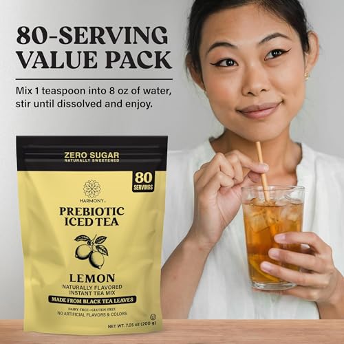 Image of Harmony Lemon Prebiotic Black Iced Tea, 7.05 oz Bag, 80 Servings | Real black tea, Bright lemon flavor, 80 servings per bag, Prebiotic plant fiber, 25 calories, Zero sugar, Gluten free
