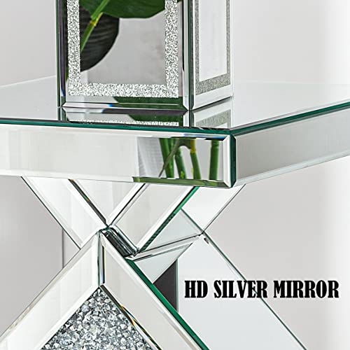 Blingworld Mirrored End Table With Crystal Inlay, Square Modern Side Table Silver Accent Table, Diamond Shape End Table For Living Room Bedroom #TOP3