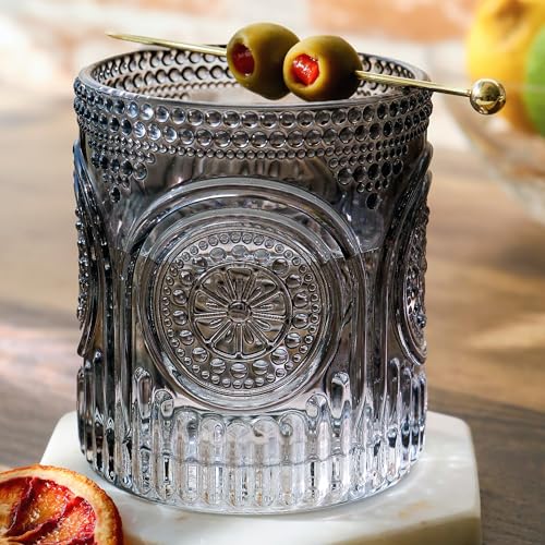 Ribbed Retro Arch Floral Smoke Grey Drinking Glasses Set of