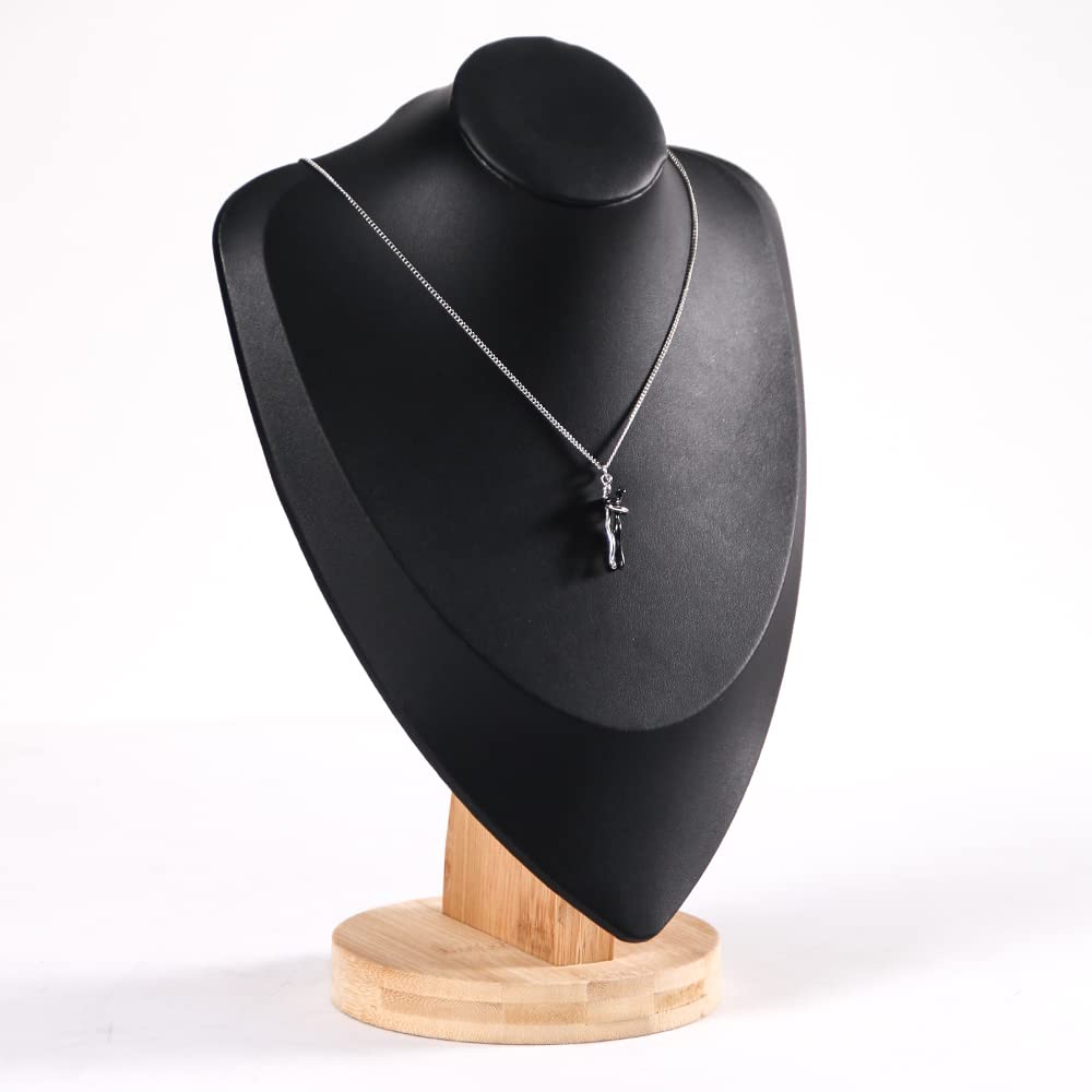 Coward 3D PU Leather Necklace Display Bamboo Chain Jewelry Model Bust Stand (black pu, 11.4")