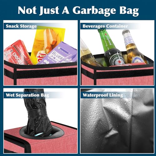 Image of Femuar Car Trash Can with Lid - Leak Proof, Waterproof, Multipurpose Car Hanging for Headrest, Collapsible, Portable with Storage Mesh Pocket, Pink