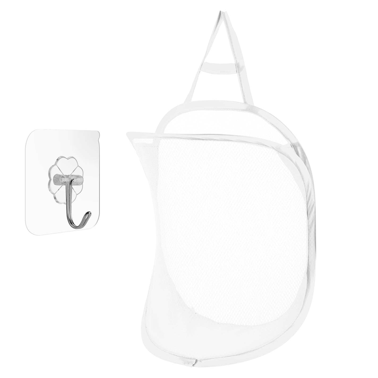 Qianyu Mesh Collapsible Laundry Baskets Pop Up Laundry Hamper Bag Small Wall Foldable Clothe Storage with Self-Adhesive Hook Portable Laundry Bin for Washing Kids Toy Chest Dormitory (White, 1pc)