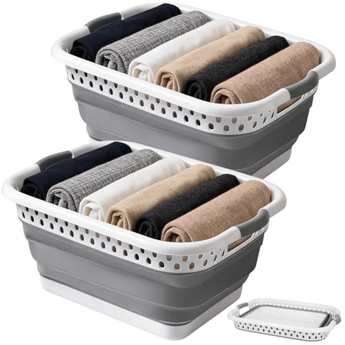 2 Pack Collapsible Laundry Baskets, 11 Gallon 42L Collapsible Laundry Clothes Hamper, Foldable Laundry Hamper with Non-Slip Handles, Portable Space Saving Pop-Up Laundry Hamper Storage Container