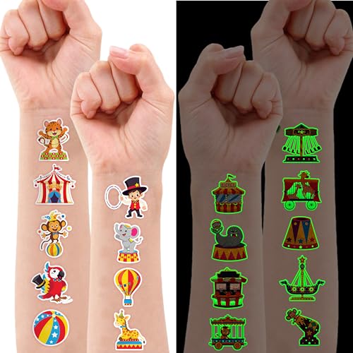 Image of 96 PCS Glow in the Dark Temporary Tattoos for Kids - Carnival Circus Clown | Animal Popcorn Fake Tattoos | Luminous Waterproof Stickers for Birthday Party Favors, Supplies & Decorations (Boys & Girls)