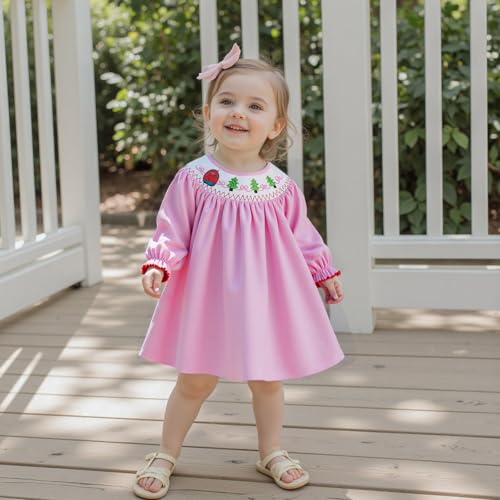 Toddler Girls Christmas Tree Dress Long Sleeve Smocked Dresses Embroidery Bow Gingham Sundress Kids Winter Clothes2