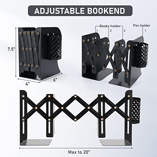 Adjustable Book Ends, Hmseng Metal Bookends Book Holders For Shelves, Desk Magazine File Organizer Holder For Office, Books, Papers, Extends Up To 19 Inches.scratch-Resistant Hand Coating-Black #TOP1
