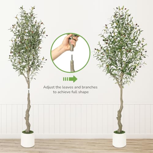 Artificial Olive Tree 6FT Tall Faux Olive Tree Indoor Fake Silk Plant with Realistic Trunk, Leaves, Fruits and White Planter, Faux Potted Tree for Home Decor and Housewarming Gift, 1 Pack