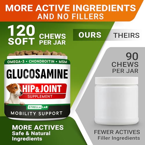 Glucosamine Treats for Dogs - Joint Supplement w/Omega-3 Fish Oil - Chondroitin, MSM - Advanced Mobility Chews - Joint Pain Relief - Hip & Joint Care - Chicken Flavor - 120 Ct - Made in USA