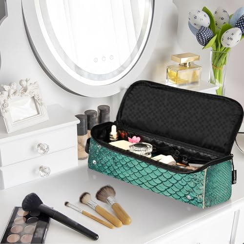 Bolsa de viaje para herramientas de cabello y tapete resistente al calor, organizador para planchas, rizadores, secador de pelo, accesorio de viaje con textura de escamas de pescado verde retro miniatura 7