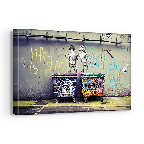 Banksy Graffiti Street Art Canvas Collections. Ready to Hang.Made in USA #FULL2 (18in x 12in Gallery Wrapped, Banksy Peeing Boys Life is Short Chill The Duck Canvas Art)