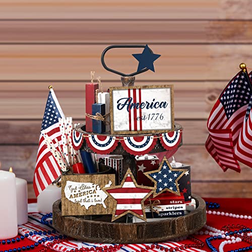 Image of FairySandy 13 Pcs Vintage 4th of July Tiered Tray Decor Rustic Patriotic 250th Anniversary Independence Day Decorations American Farmhouse Table Wooden Sign Red White Blue USA Flag for Memorial Day