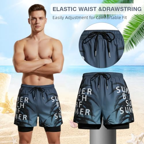 Image of PROBEROS Swim Trunks for Men, Quick-Dry Polyester Beach Shorts with Inner Lining, Elastic Drawstring Waist, Tropical Palm Leaf Fashion Lightweight Beach Wear for Swimming, Vacation & Traval, 3XL