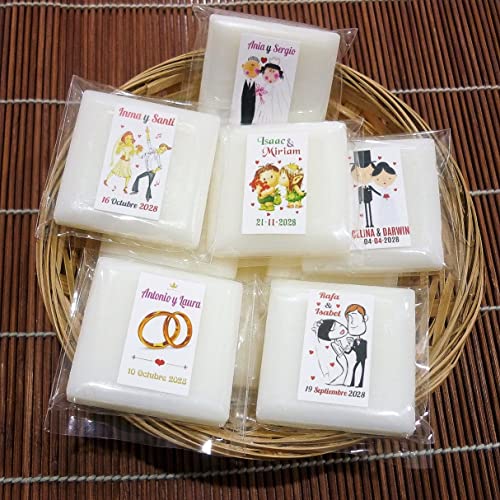Detalles y Recuerdos de Boda Para Invitados - Jabones Personalizados de Aceite de Oliva - 30 Jabones Personalizados de 20 gr. y 2 Cestos - Un Original Regalo Para Amigos y Familiares