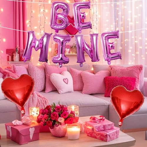 Image of Valentines Day Balloons Decoration, Be Mine and Red Heart Letter Balloons Banner Valentine Balloon Banners for Sweetest Valentine's Day Romantic Be Mine Party Decorations