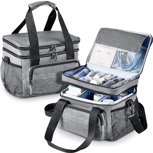Image of Timgle 1 Pack Double Layers Medicine Storage Bag Pill Bottle Organizer 11.4 x 7.9 x 9.5 in Empty First Aid Kits Bag with Shoulder Strap for Home Emergency Medication Fish Oil Vitamins