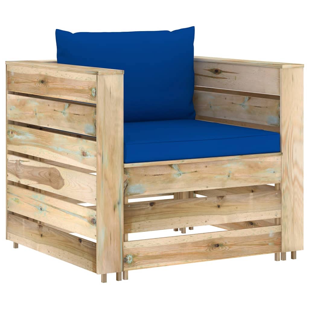 Set Salotto da Giardino 2 Pz in Legno Pino con Cuscini Blu | Design modulare a pallet in pino con spessi cuscini blu per relax in terrazzo, patio e portico esterno.