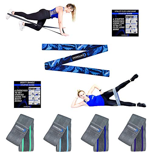 Vitality Flex Long Fabric Resistance Band + Booty Glute Bands for Women - Easy Grip Non-Slip Portable Exercise Bands - Full Body Home Gym Fitness Strength Training Workout (Blue / Light-Medium)