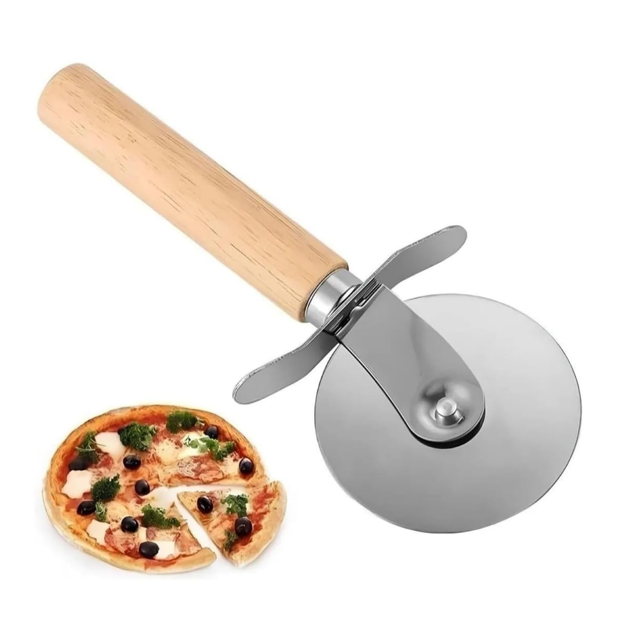 Pizza Kesici – Ahşap Saplı Paslanmaz Çelik, Yuvarlak Bıçaklı Pizza Dilimleyici | Ergonomik, Dayanıklı, Şık Tasarım