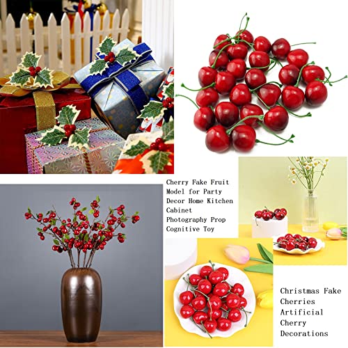 Wild Tribe 100Pcs Christmas Fake Red Cherries Fruit Cherry For Faux Sundae And Cupcakes, Artificial Lifelike Cherries Fruit For Party And Wedding Decoration #TOP4