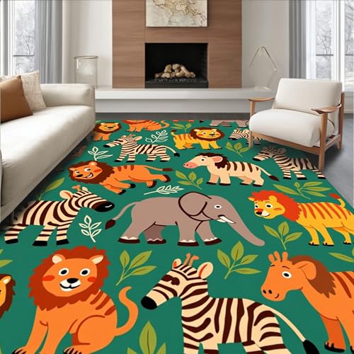 Image of ODIKA Flatwoven High Traffic Area Rug 8x10, Safari Wildlife Animal Print Crawling with Jungle Creatures Design, Non Slip, Stain Resistant, Washable Area Rugs for Living Room, Bedroom (Teal, 8x10)