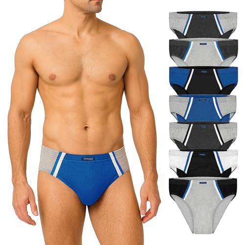 BRUBAKER 7er Pack Herren Sportslips - Farbige Slips aus Baumwolle - Retro Unterhosen ohne Eingriff - Männer Unterwäsche für den Alltag und Sport - Farbmix Blau, Schwarz, Grau, Weiß - Größe L BRUBAKER 7er Pack Herren Sportslips - Farbige Slips aus Baumwolle - Retro Unterhosen ohne Eingriff - Männer Unterwäsche für den Alltag und Sport - Farbmix Blau, Schwarz, Grau, Weiß - Größe L