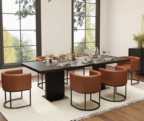 Image of HNY Mid Century Modern Upholstered Barrel Dining Chairs with Arms Set of 8, Leather Kitchen & Dining Room Chairs, 18.5 inch Wide Accent Chairs for Dining Room Living Room with Black Metal Frame, Brown