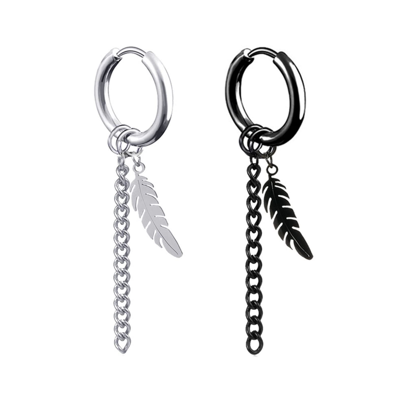 Gualiy Pendientes de aro de acero inoxidable, aretes simples para hombre, cadena con borla y plumas, No es una piedra preciosa