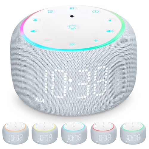 White Noise Machine Alarm Clock for Bedrooms - 5W Stereo Bluetooth Speaker - 24 Soothing Sounds - 9 Night Lights - Auto-Dimmable Digital Alarm Clock Sound Machine for Sleeping