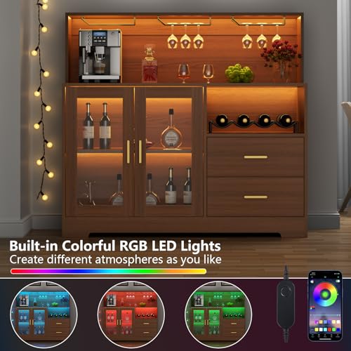 Image of Bar Cabinet for Home with LED Light,Coffee Bar Cabinet w / Wine & Glass Rack | Kitchen Buffet Sideboard with Storage Cabinet&Drawers, Modern Liquor Cabinet for Living Room Dining Room (Brown)