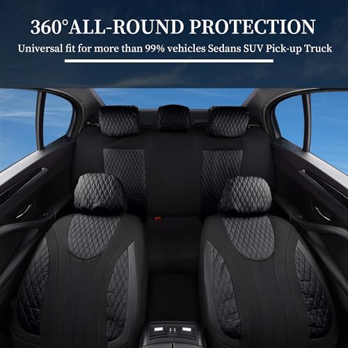 Coverado Car Seat Covers Full Set, 11 Pieces Universal Seat Covers for Cars, Cloth Car Seat Protectors, Car Seat Cushions with Sponge Padding, Black Seat Covers Fit for Most Sedans Suvs Trucks - Image 3
