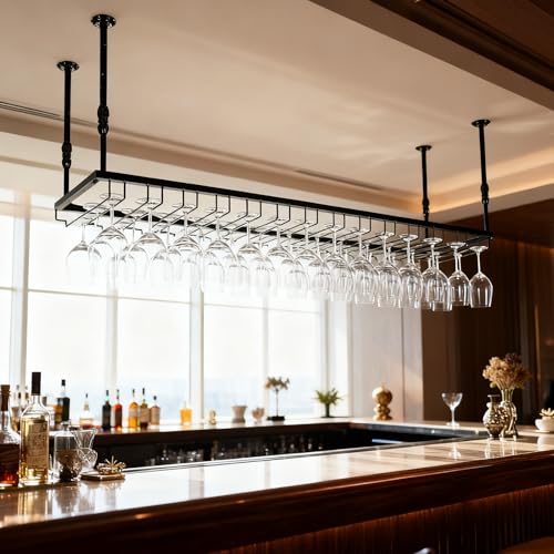 Dernoing 60cm Soporte para Copa de Vino Colgante de Metal, 30-60cm Altura Ajustable Colgador de Copas de Techo para Bar, Colgador Copas con Invertido Tallo para Barra Bar/Club (BK, 60x35cm)