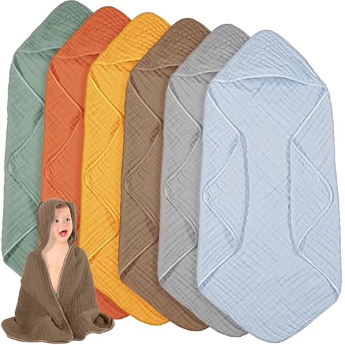 Peryiter 6 Pcs Muslin Hooded Baby Towels,Yellow,Blue,Green,Orange