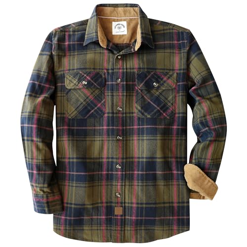Dubinik® 6 oz Camisa Franela Hombre Manga Larga 100% Algodón Casual Botones Camisa a Cuadros con Bolsillo Verde Oliva y Azul L